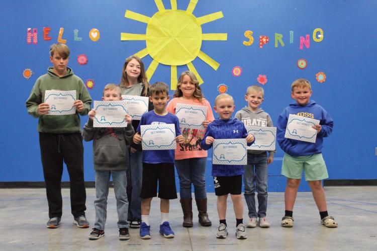 MOSS STUDENTS WITH THE BEST MANNERS. Pictured above: Back row: Rance Goodson, Marleigh Hunt, Taylie Lantz, Tatum Glass, Weston Taylor Front row: Logan Moreno, Gabriel Gentry , Swayde Janes