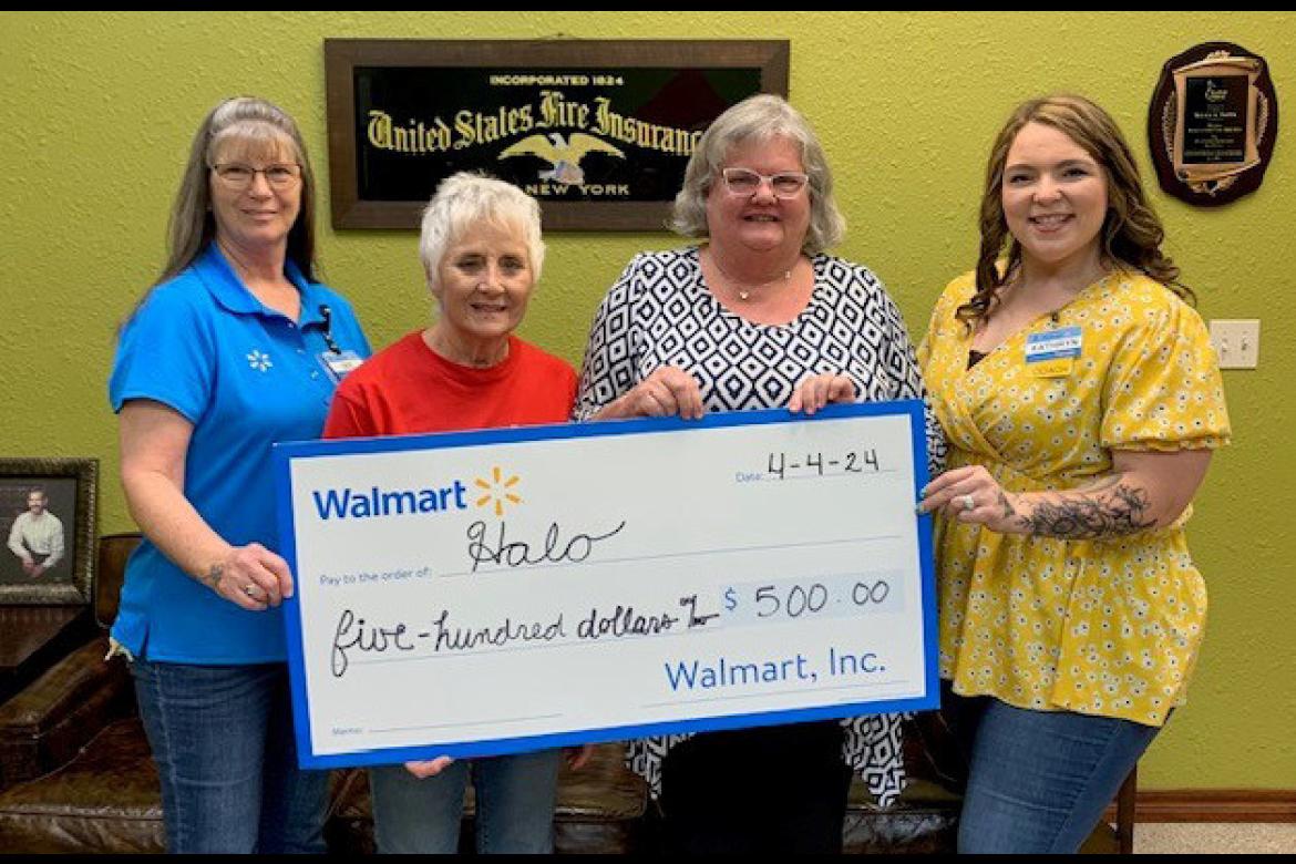 The Holdenville Animal Lovers Organization (HALO) would like to thank the Holdenville Walmart for the $500.00 grant from the Sparks Cood Grant Team! Presenting the grant is Diana Garner (left), Human Resources, and Cathryn Carpitcher (right), Assistant Manager of Holdenville Walmart. Accepting the grant on behalf of HALO are Donna Lipe (middle left) and Kelly Smith (middle right).